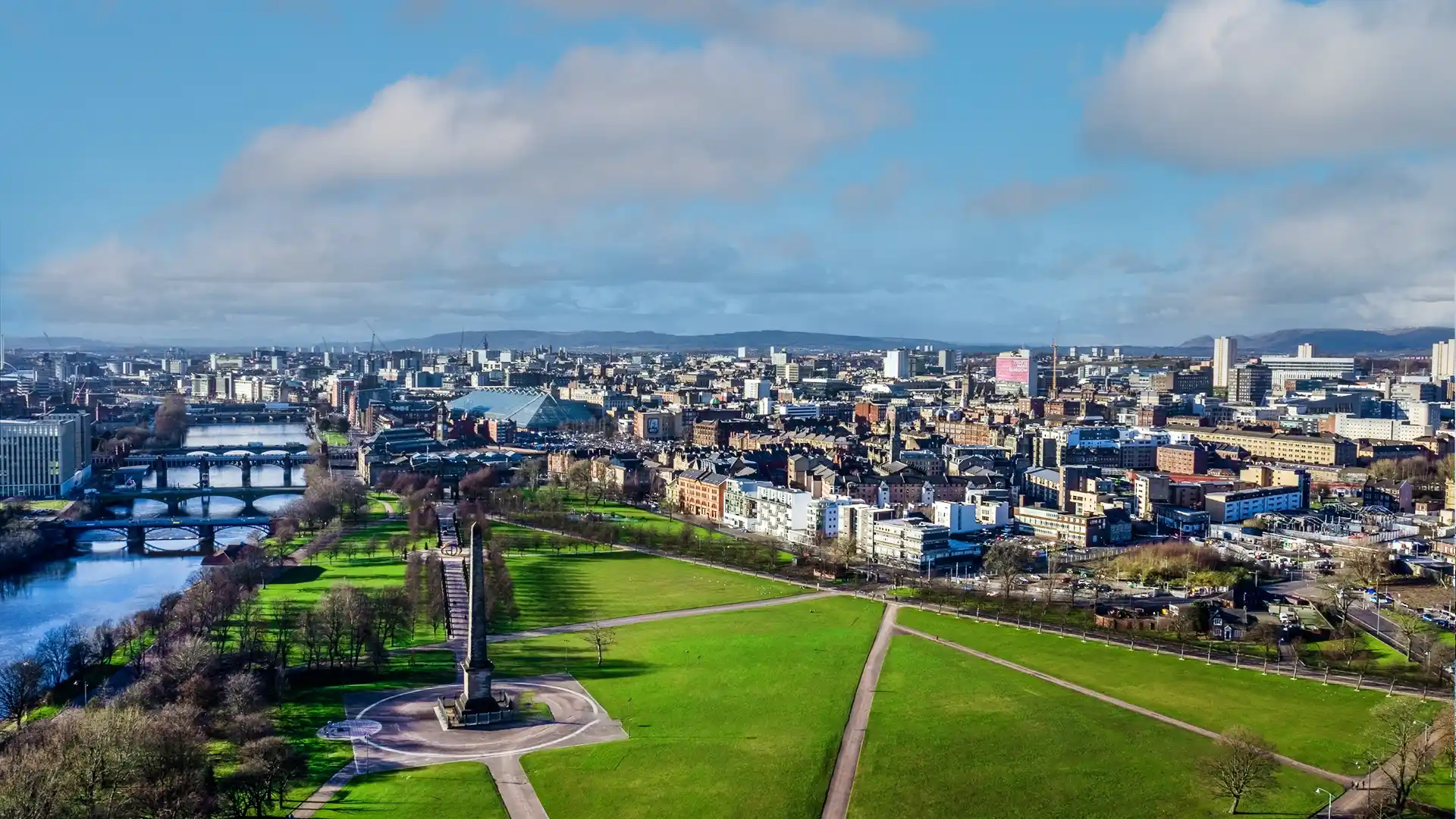 Glasgow skyline and Glasgow Green park, for Live-in care Glasgow in Scotland