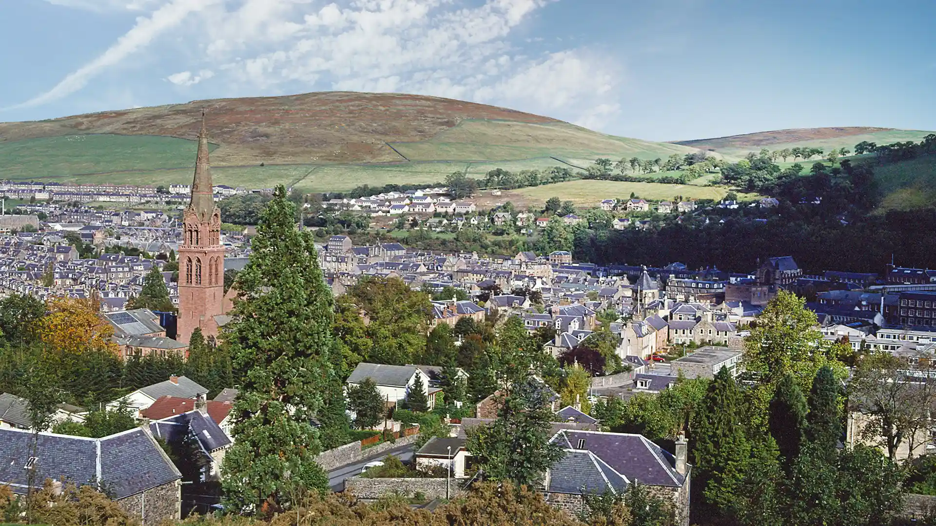 View of Galashiels and Eildon Hills for Able live-in care services in Galashiels