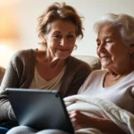 Two older women sitting together on a sofa in a warm living room, looking at a tablet and smiling, representing support with the Priority Services Register.
