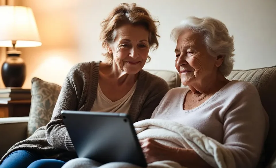 Two older women sitting together on a sofa in a warm living room, looking at a tablet and smiling, representing support with the Priority Services Register.