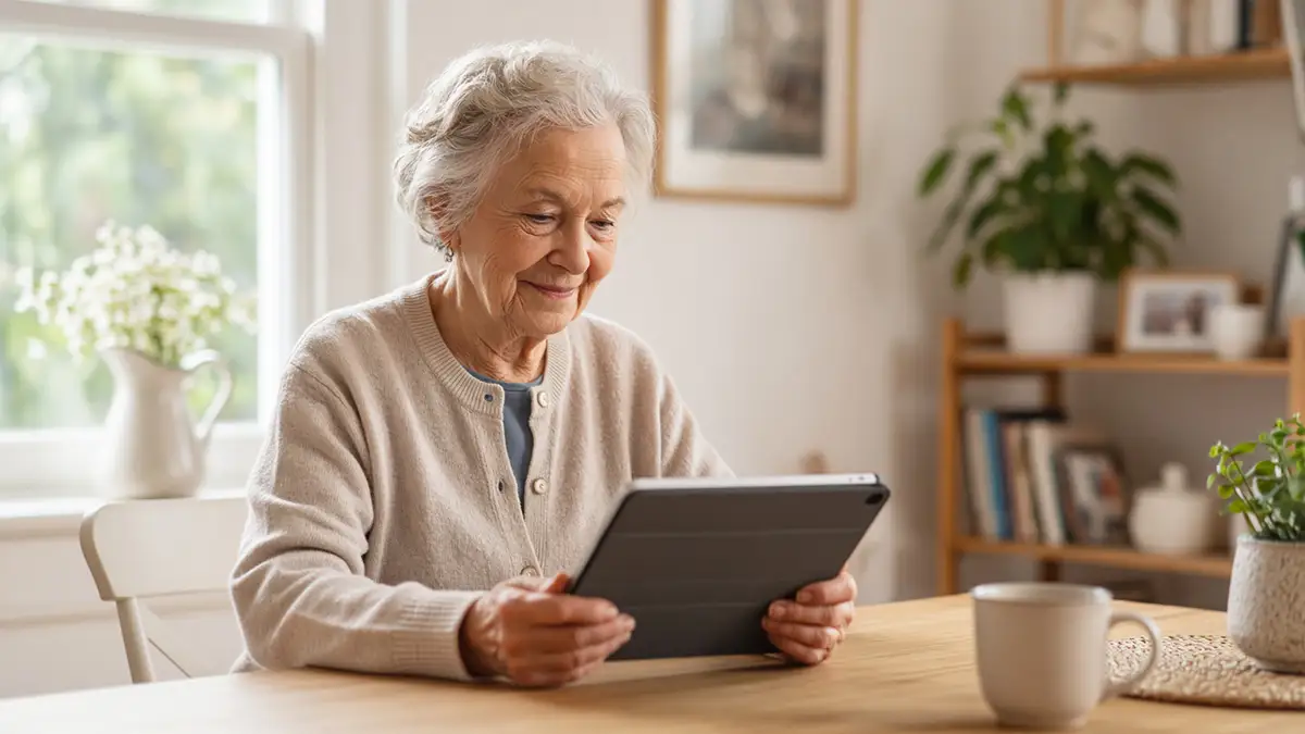 Elderly lady sitting at a table in a bright home, looking at a tablet, considering extra support from the Priority Services Register.
