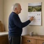 Older man in his kitchen marking dates on a wall calendar while waiting for a hospital appointment.