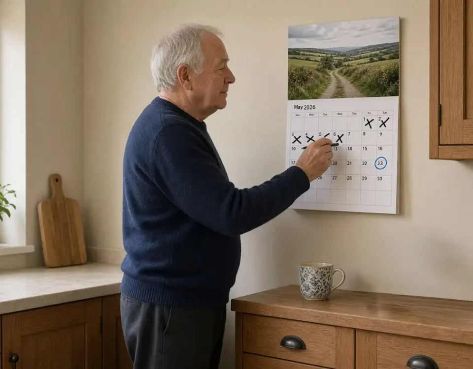Older man in his kitchen marking dates on a wall calendar while waiting for a hospital appointment.
