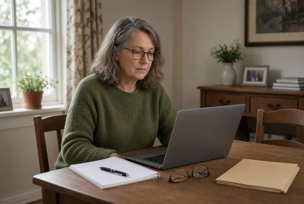 Woman checking participating solicitors online for Free Wills Month.