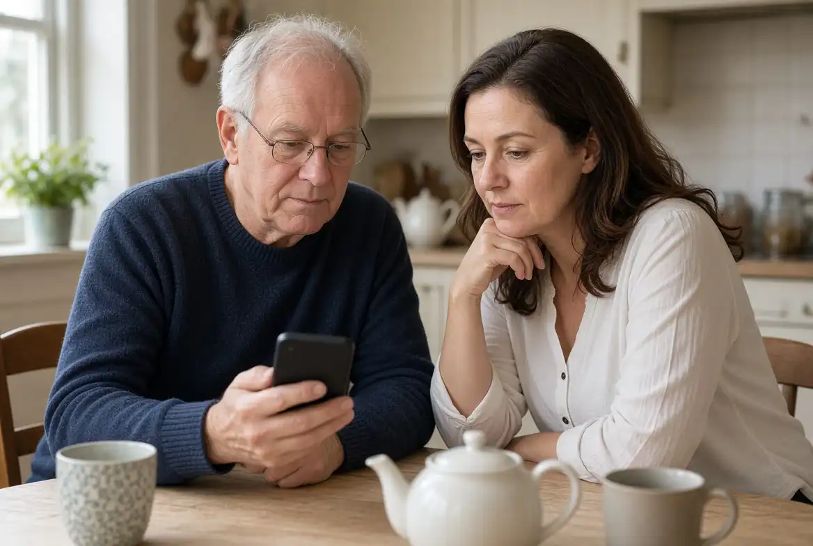 Older man and his daughter looking together at a text message on a mobile phone.