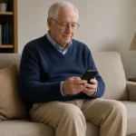 Older man sitting in his living room looking at a message on his mobile phone.