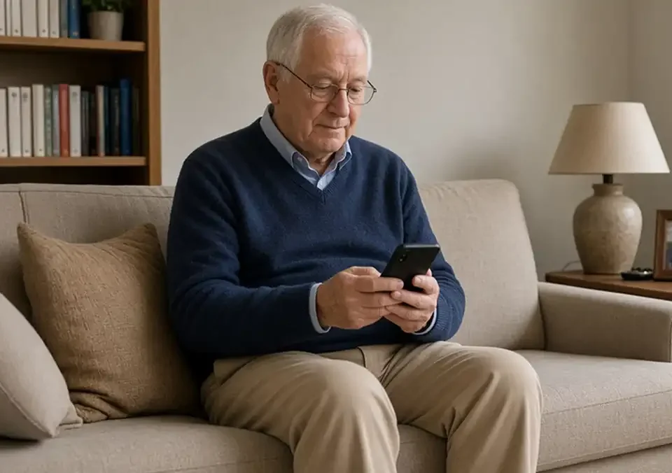 Older man sitting in his living room looking at a message on his mobile phone.