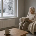 Older woman reading at home on a snowy day, with a warm drink close by.