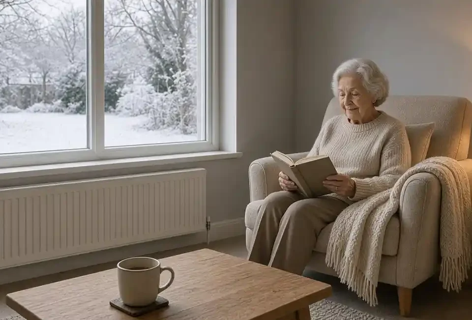 Older woman reading at home on a snowy day, with a warm drink close by.