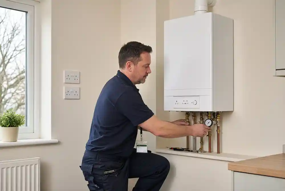 Gas Safe engineer servicing a wall-mounted boiler in a UK home before winter.