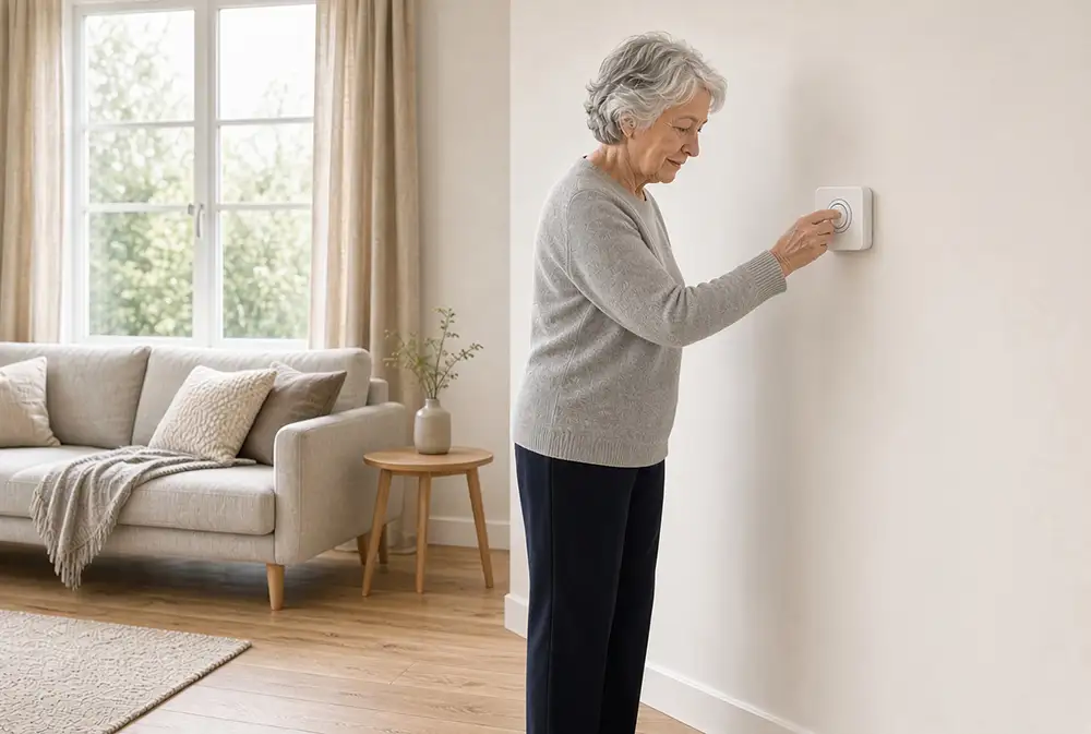 older woman trying her heating ready for winter.