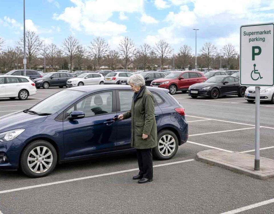 An older woman locking her car in a supermarket car park, with the parking information sign behind her.